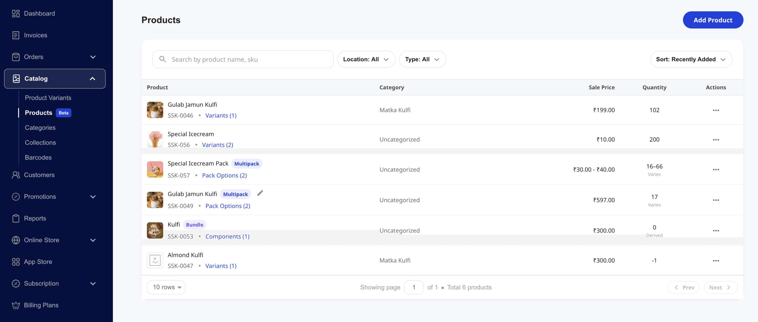 Shoopy Products page with the Add Product button at the top-right and a catalog of Simple, Variants, Multipack, and Bundle products
