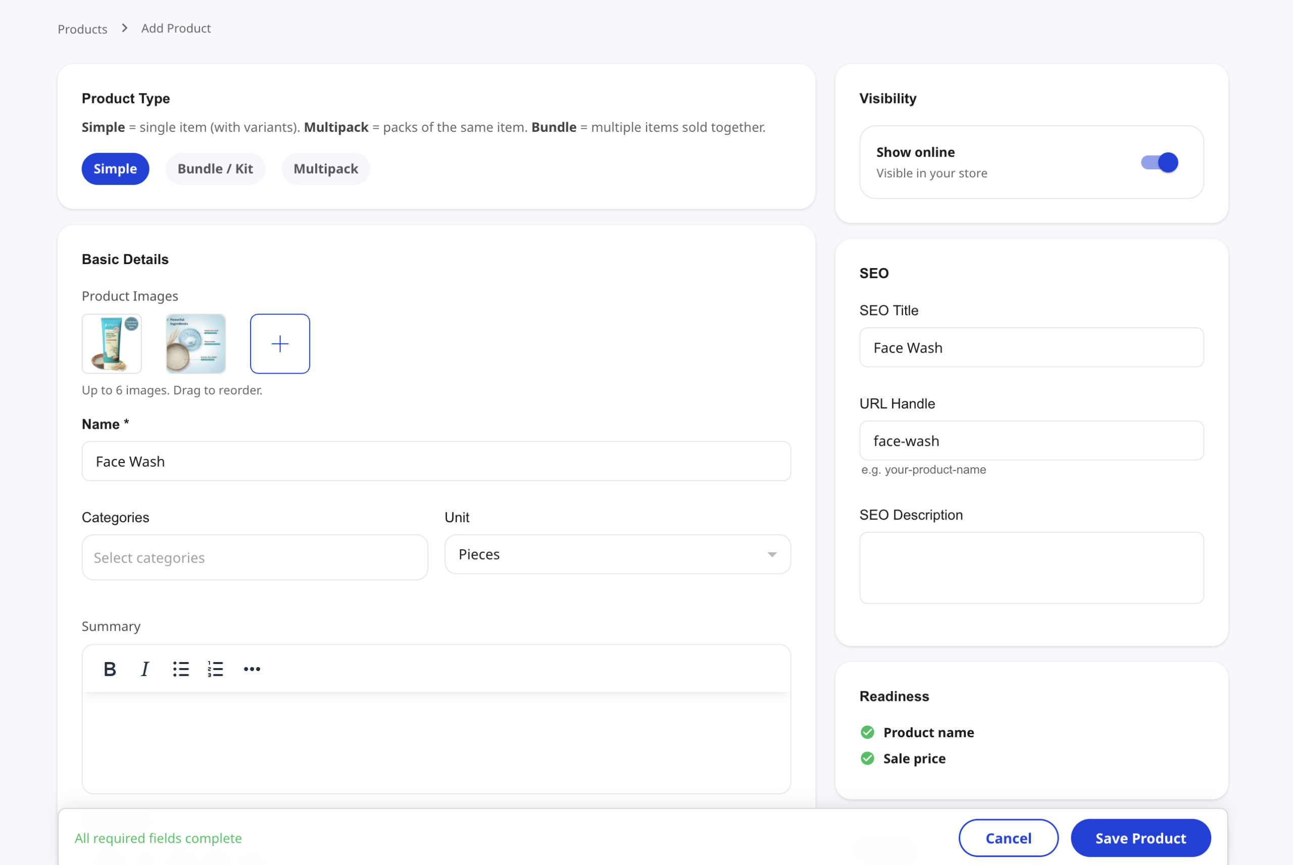 Shoopy Add Product form — product type, product images, name, categories, unit, SEO fields, and readiness checklist to set up a Shoopy store catalog