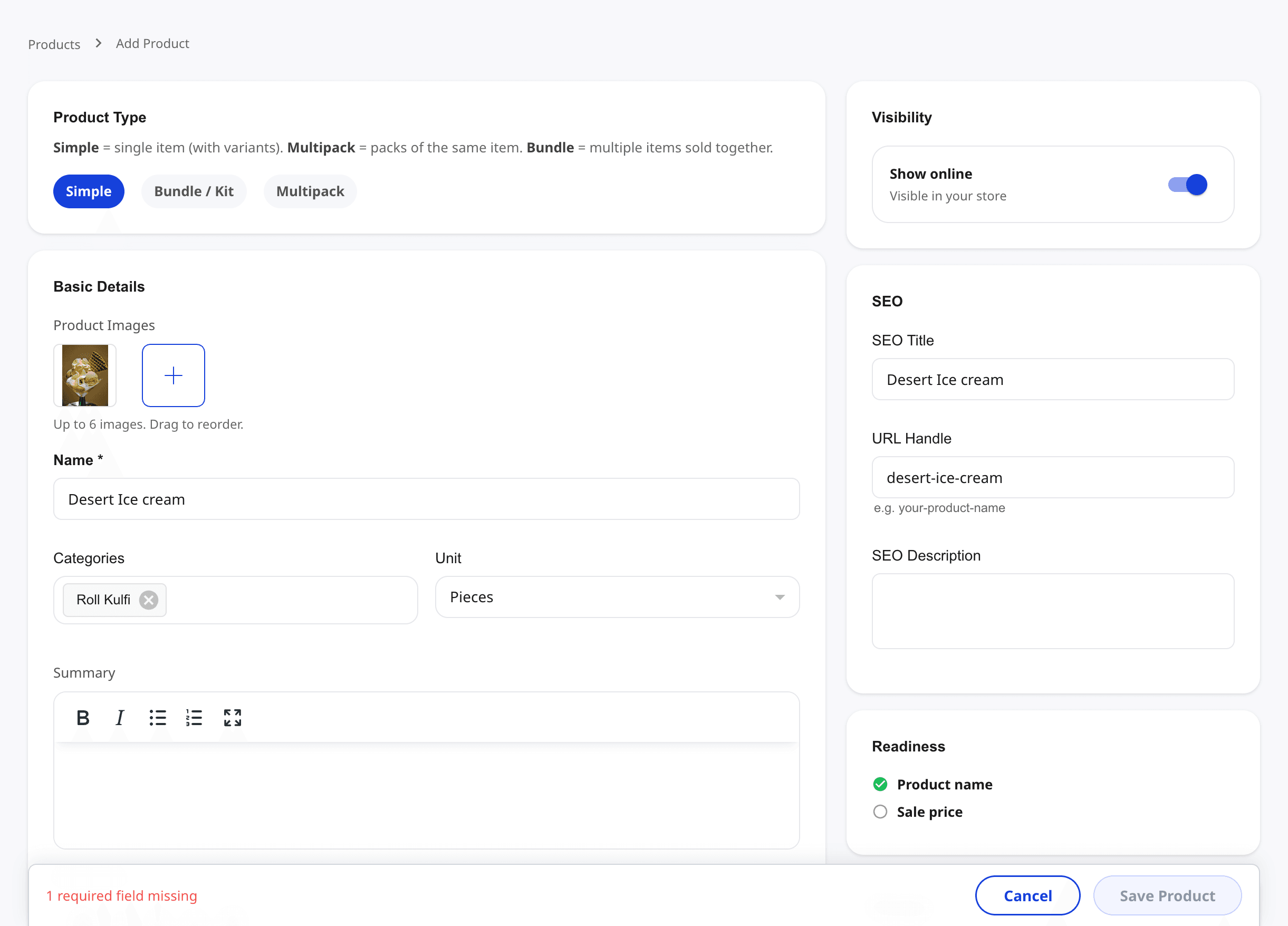 Shoopy add product form showing Product Type tabs (Simple, Bundle / Kit, Multipack), Basic Details on the left with Name, Categories, Unit, and Summary, and Visibility, SEO, and Readiness cards on the right