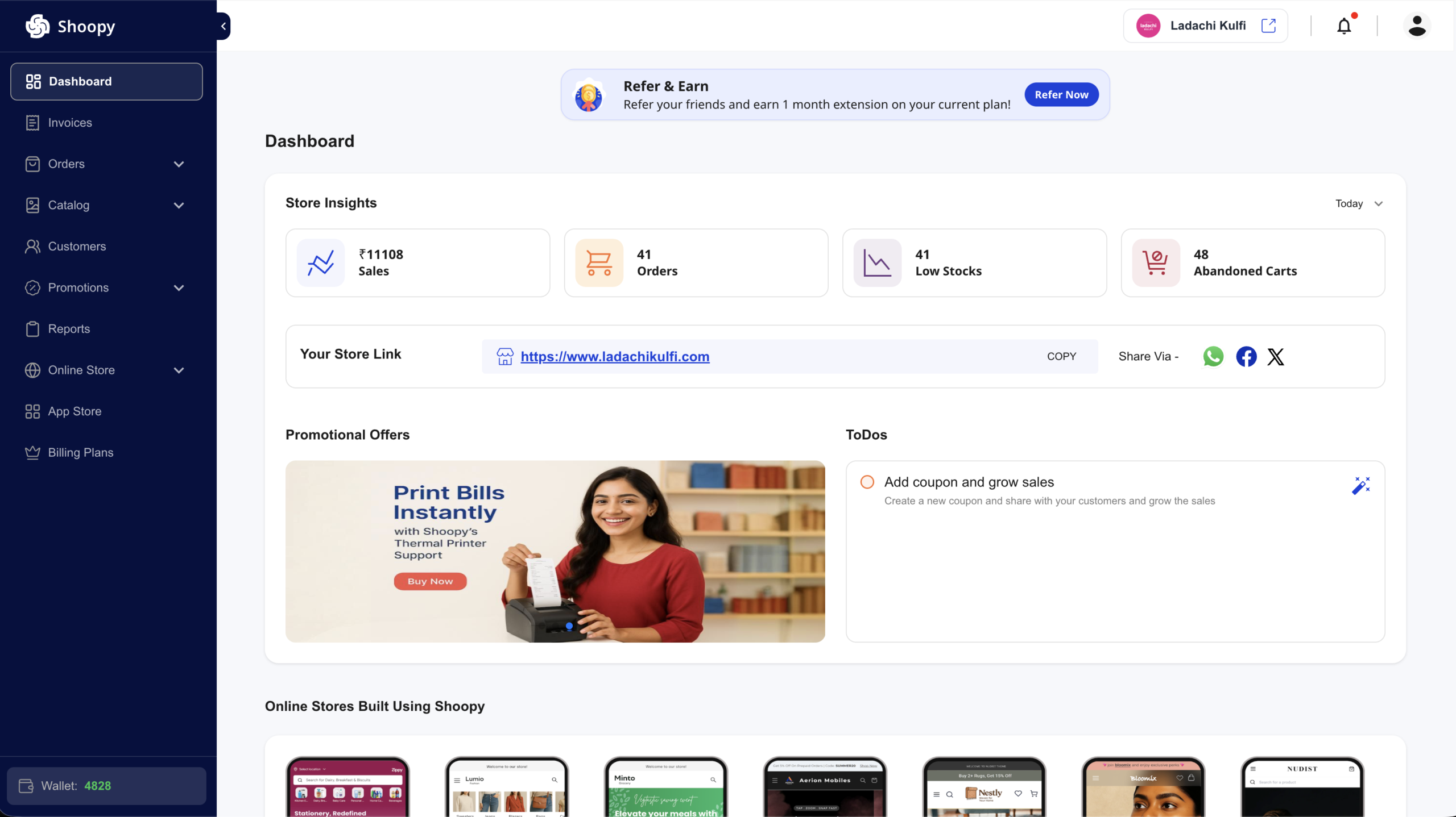 Shoopy admin panel with sidebar navigation, header controls, and the Dashboard open showing Store Insights and promotional offers
