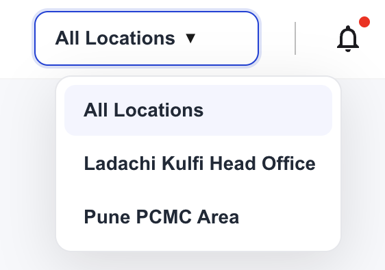 Shoopy location switcher dropdown open showing All Locations, Ladachi Kulfi Head Office, and Pune PCMC Area