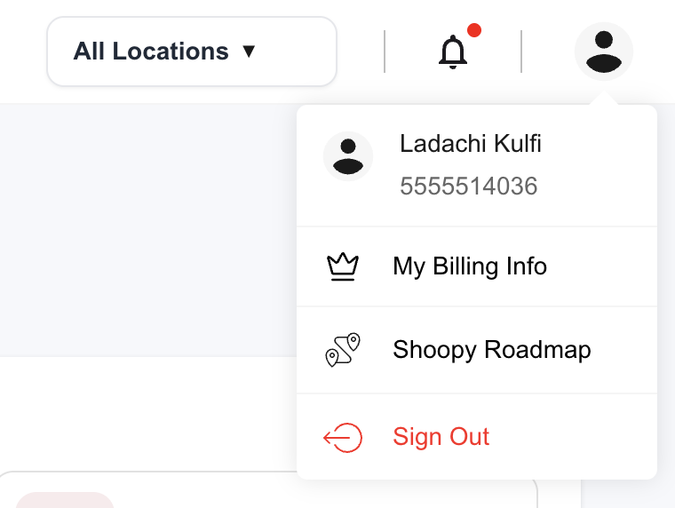 Shoopy admin profile dropdown menu showing My Billing Info, Shoopy Roadmap, and Sign Out options