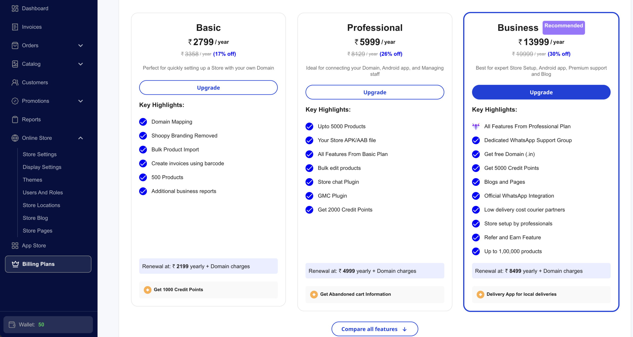 Shoopy Billing Plans page inside the admin dashboard showing Basic, Professional, and Business plans with Upgrade buttons and Credit Points