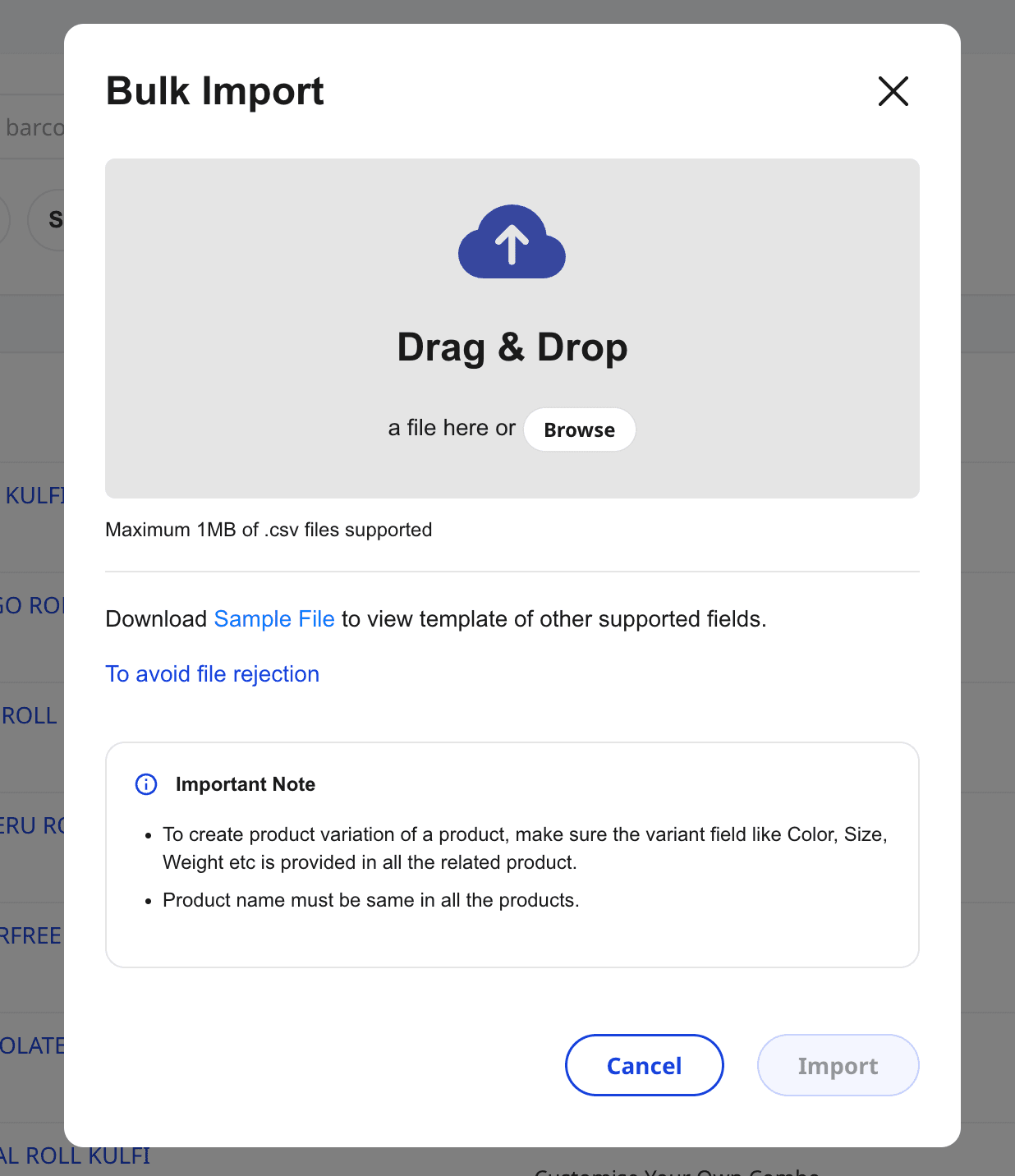Shoopy bulk import modal with Sample File link and CSV drop zone