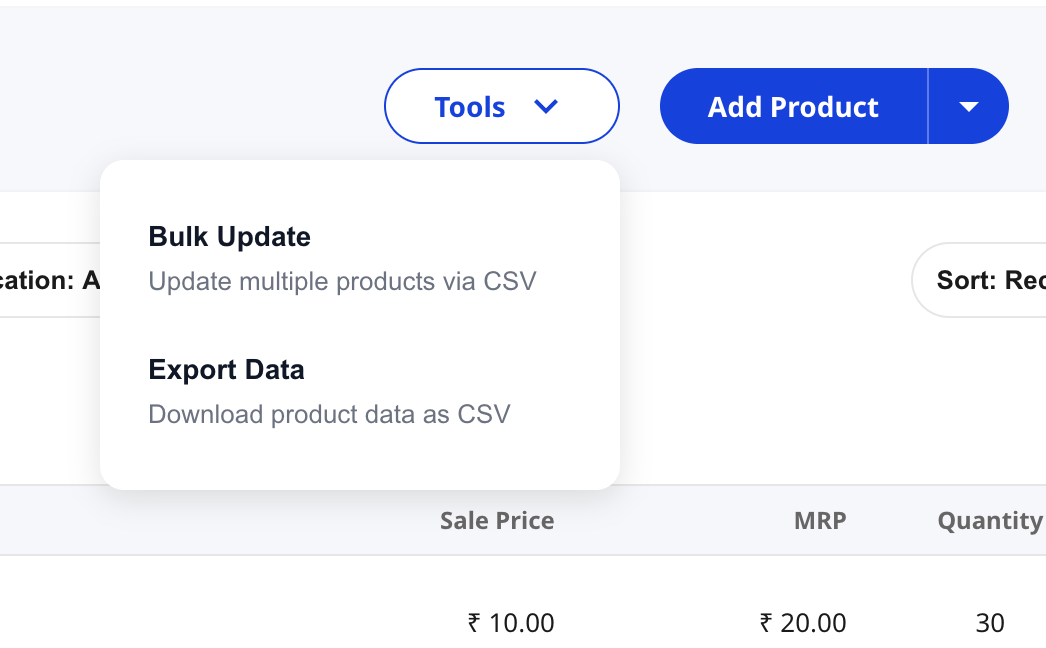 Shoopy Products list with the Tools dropdown open showing Bulk Update (Update multiple products via CSV) and Export Data (Download product data as CSV)