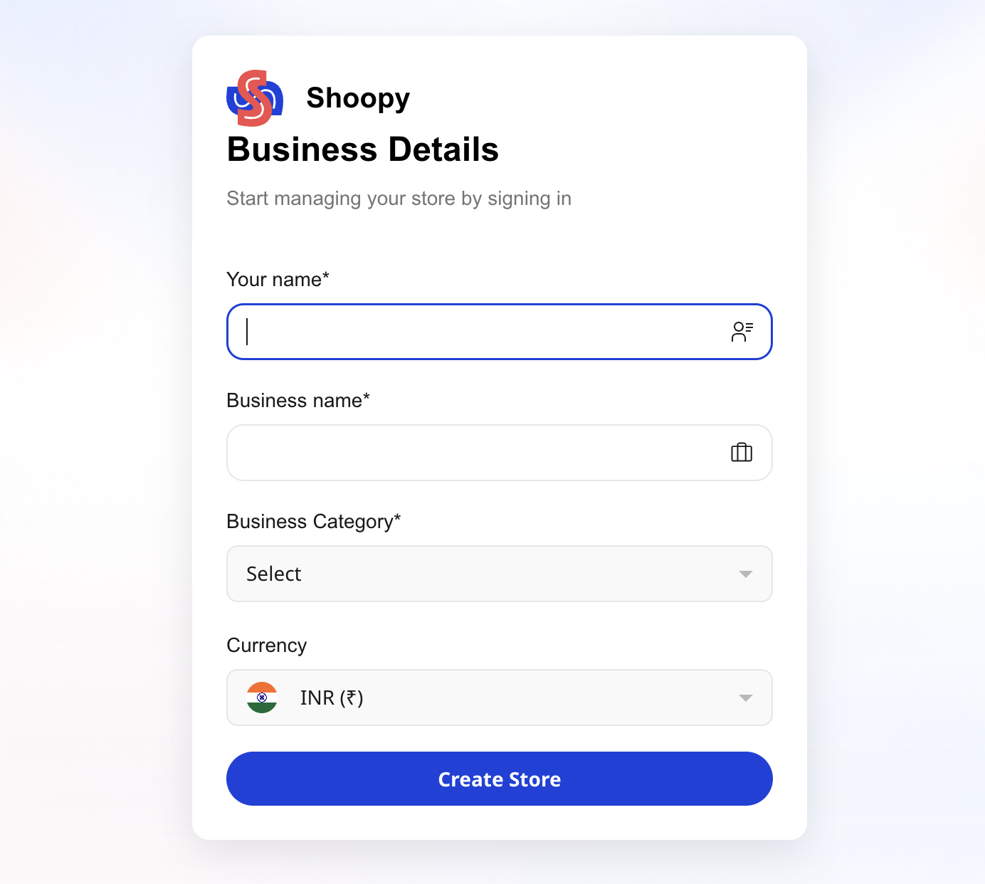 Shoopy Business Details form — your name, business name, business category and default currency to finish creating a store