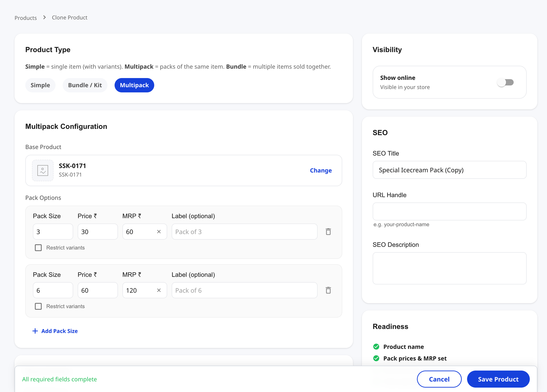 Clone Product form pre-filled from the original — Product Type, Multipack Configuration with Base Product and Pack Options, Visibility (Show online toggle off), SEO panel with SEO Title auto-suffixed "(Copy)", and the Readiness checklist at the bottom right