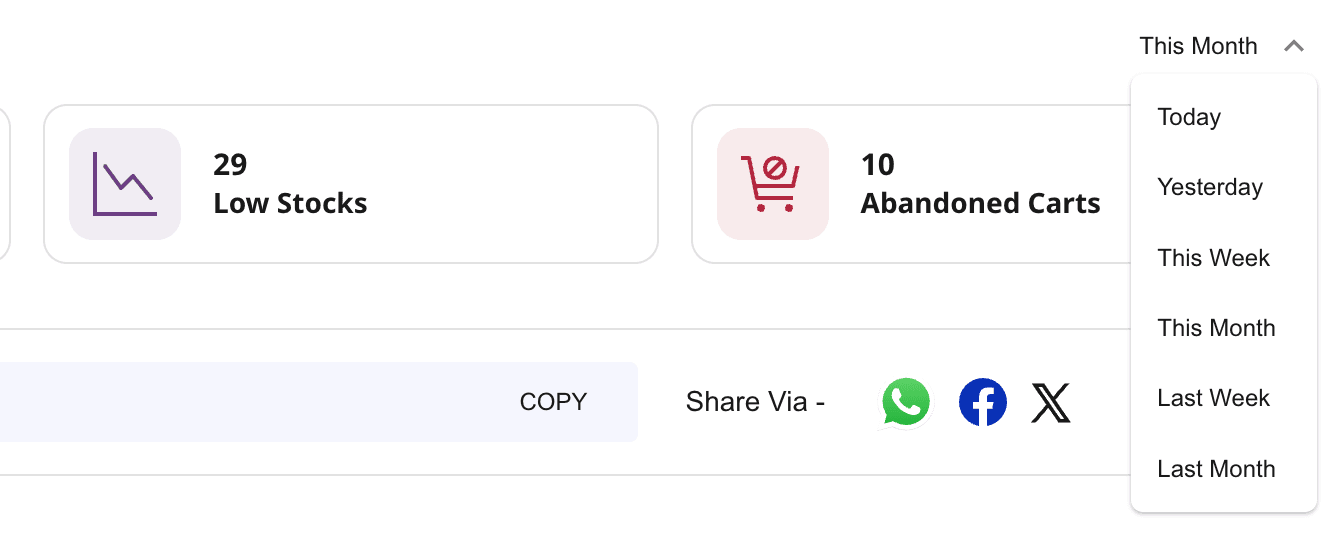 Shoopy dashboard date range dropdown expanded showing all six options — Today, Yesterday, This Week, This Month, Last Week, Last Month — with This Month selected