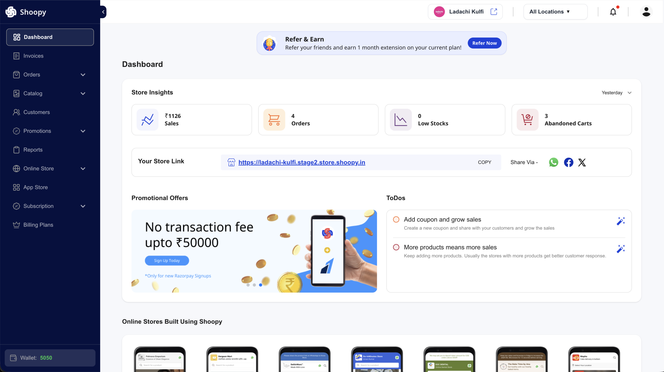 Shoopy home dashboard with four insight cards (Sales, Orders, Low Stocks, Abandoned Carts), the date-range dropdown, and the setup to-do list below