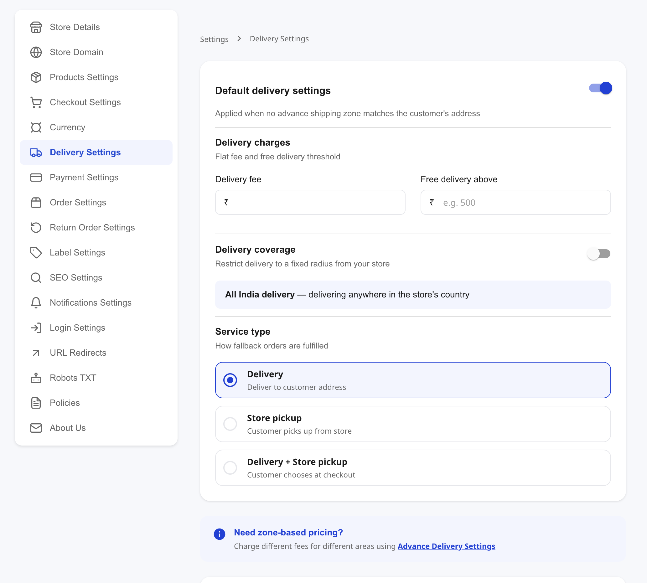 Shoopy Delivery Settings page showing delivery fee, free-delivery threshold, All India delivery coverage, and service type options to set up a Shoopy store delivery model