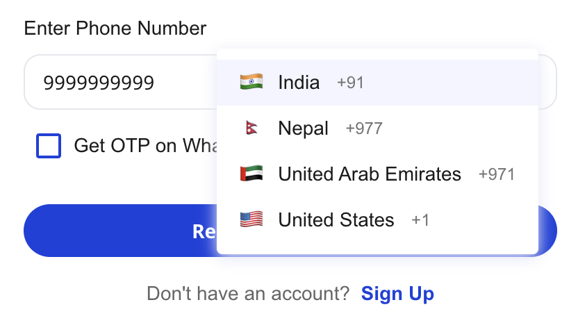 Shoopy login country code dropdown open, showing India, Nepal, United Arab Emirates, and United States with country flags