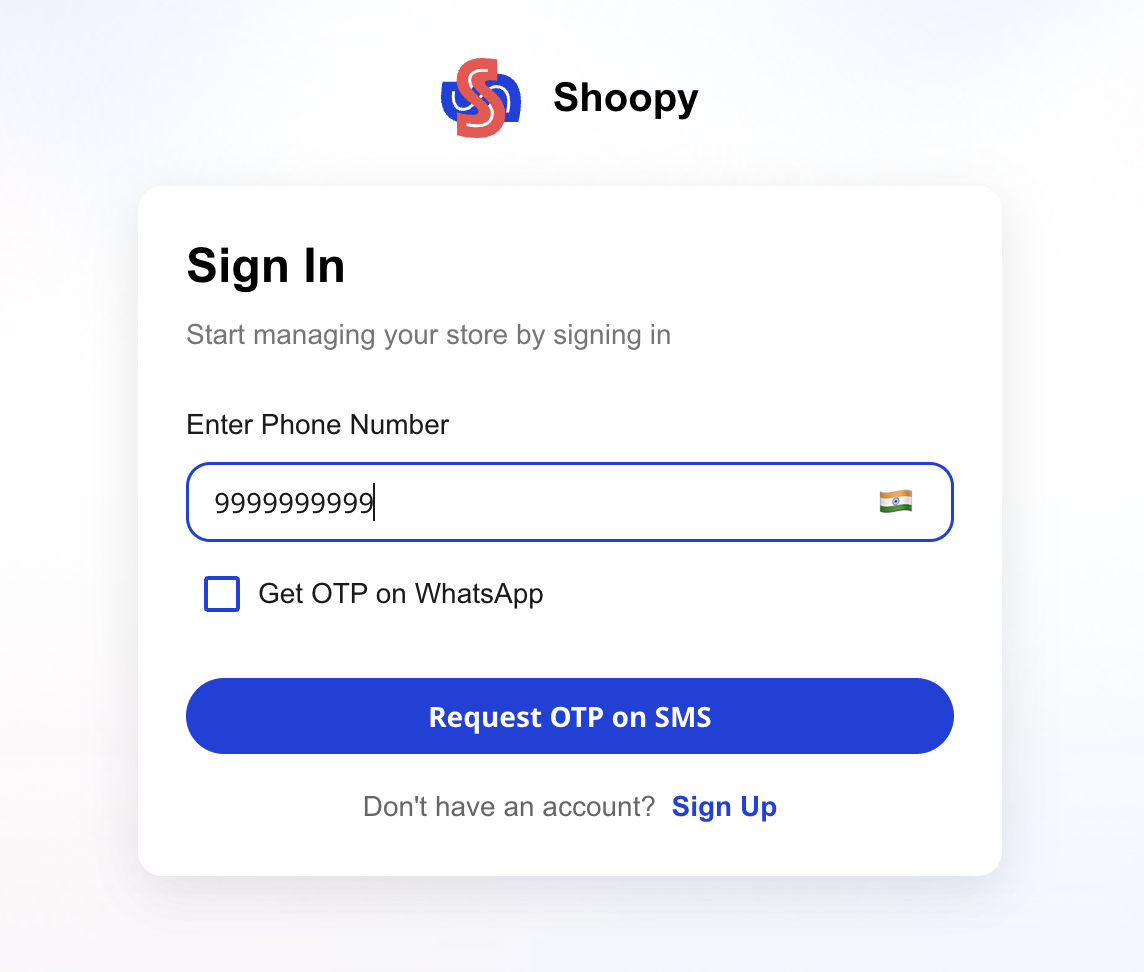 Shoopy login screen with a country code selector, phone number input, and the Request OTP on SMS button