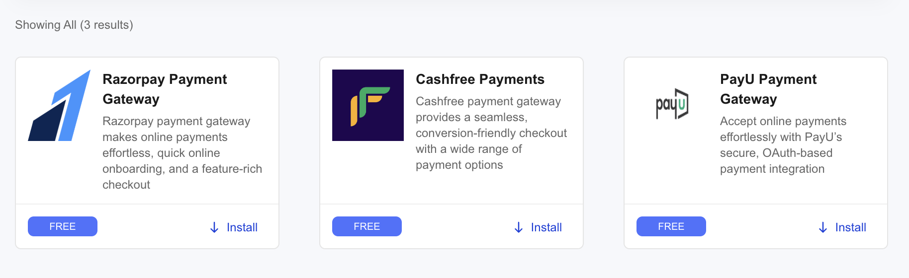 Shoopy payment gateway picker showing Razorpay, Cashfree, and PayU — free to install to accept online payments on a Shoopy store