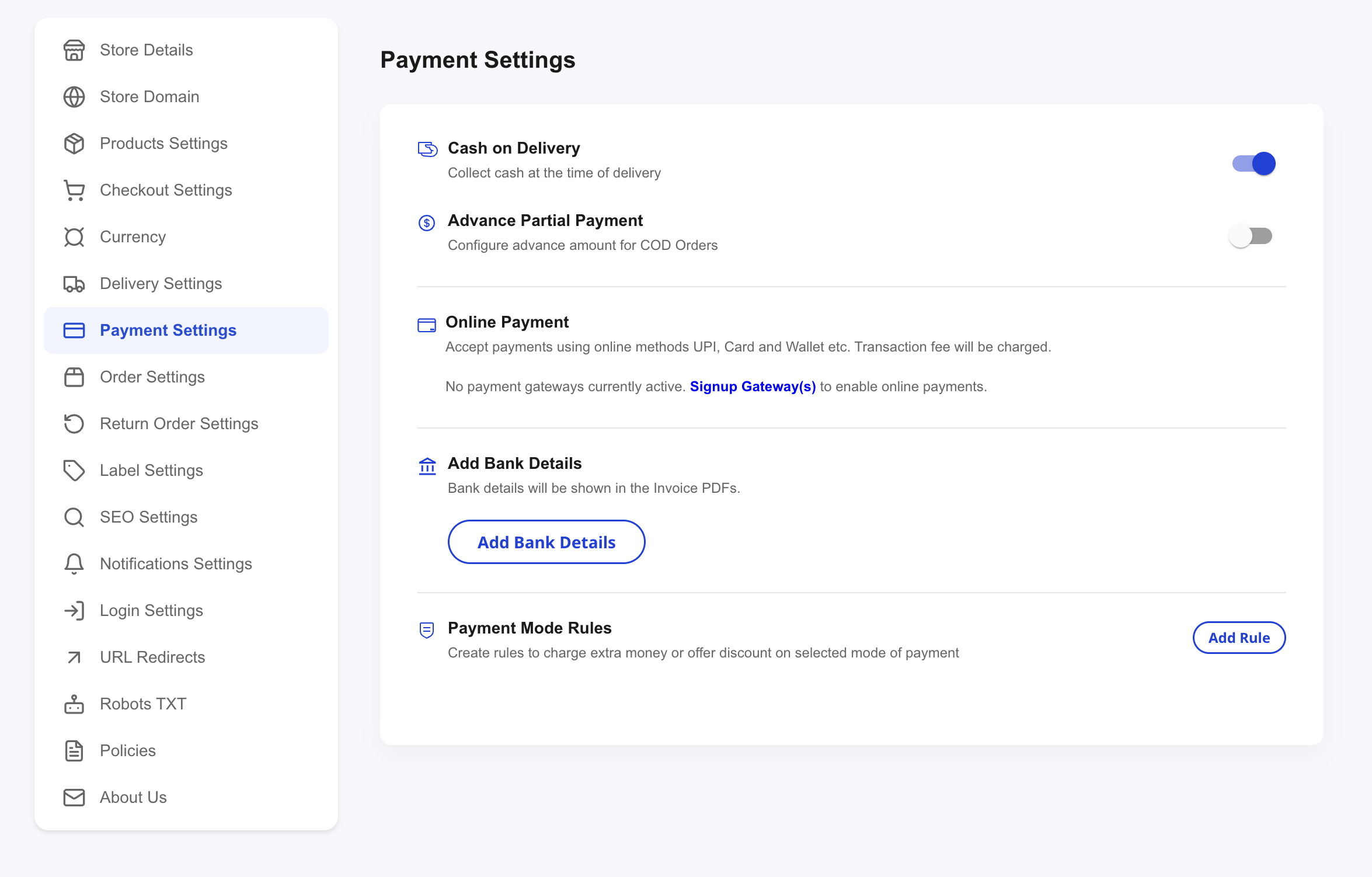 Shoopy Payment Settings page with Cash on Delivery enabled and Online Payment card showing no active gateways — the starting point to set up a Shoopy store payment flow