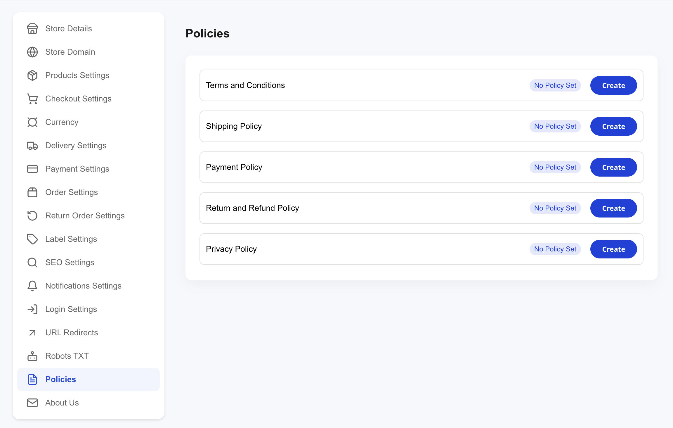 Shoopy Policies page showing Terms and Conditions, Shipping Policy, Payment Policy, Return and Refund Policy, and Privacy Policy — all No Policy Set — needed to set up a Shoopy store