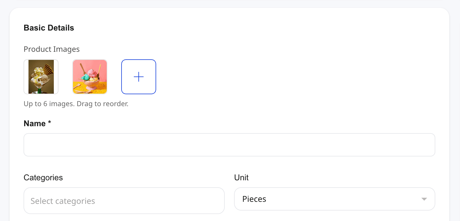 Shoopy Product Images block on the Add Product form — two uploaded thumbnails, a plus-icon tile for the next upload, and a "Up to 6 images. Drag to reorder." hint