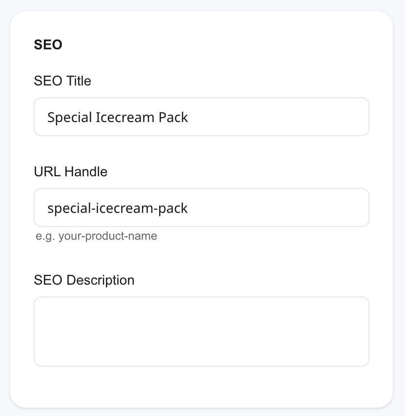 Shoopy SEO card on the product form showing SEO Title, URL Handle, and SEO Description fields
