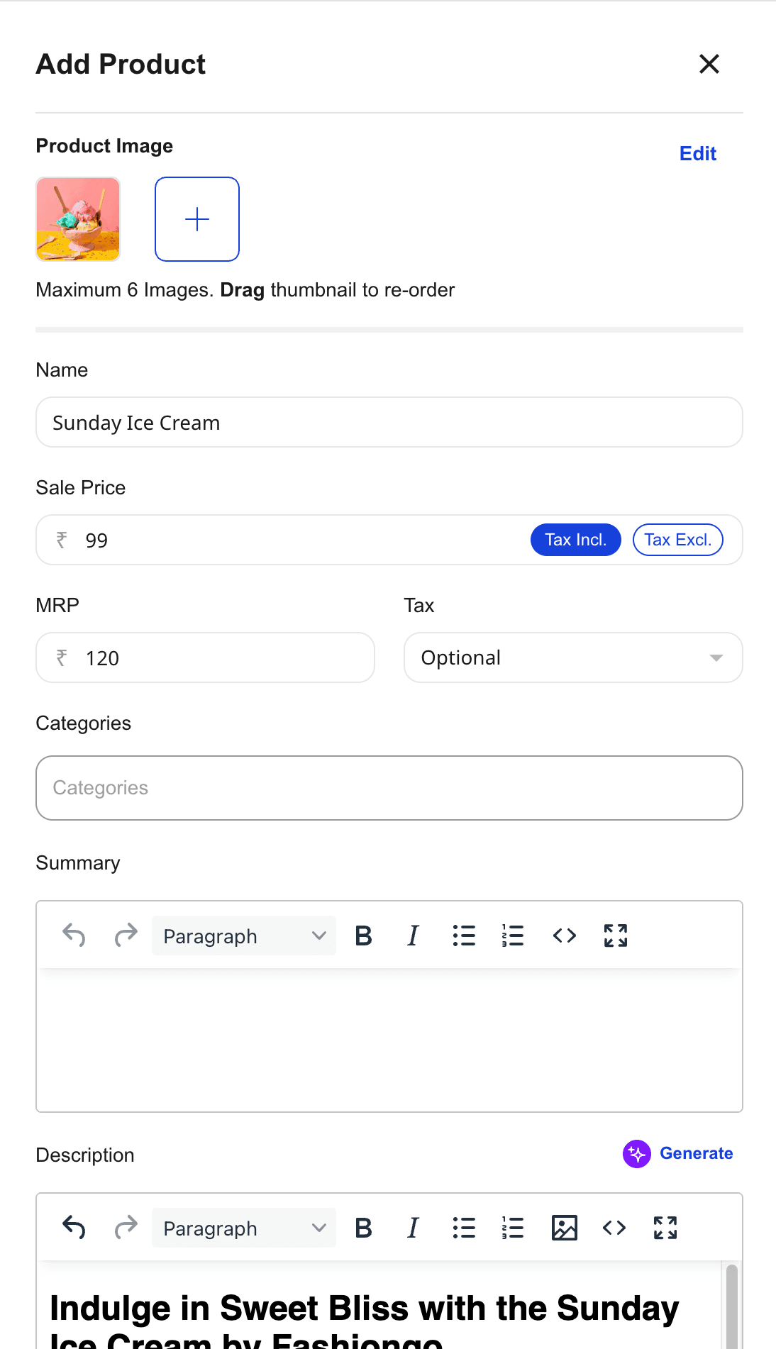 Shoopy add variant drawer showing the variant form — product image, name, sale price, MRP, tax, categories, and summary fields