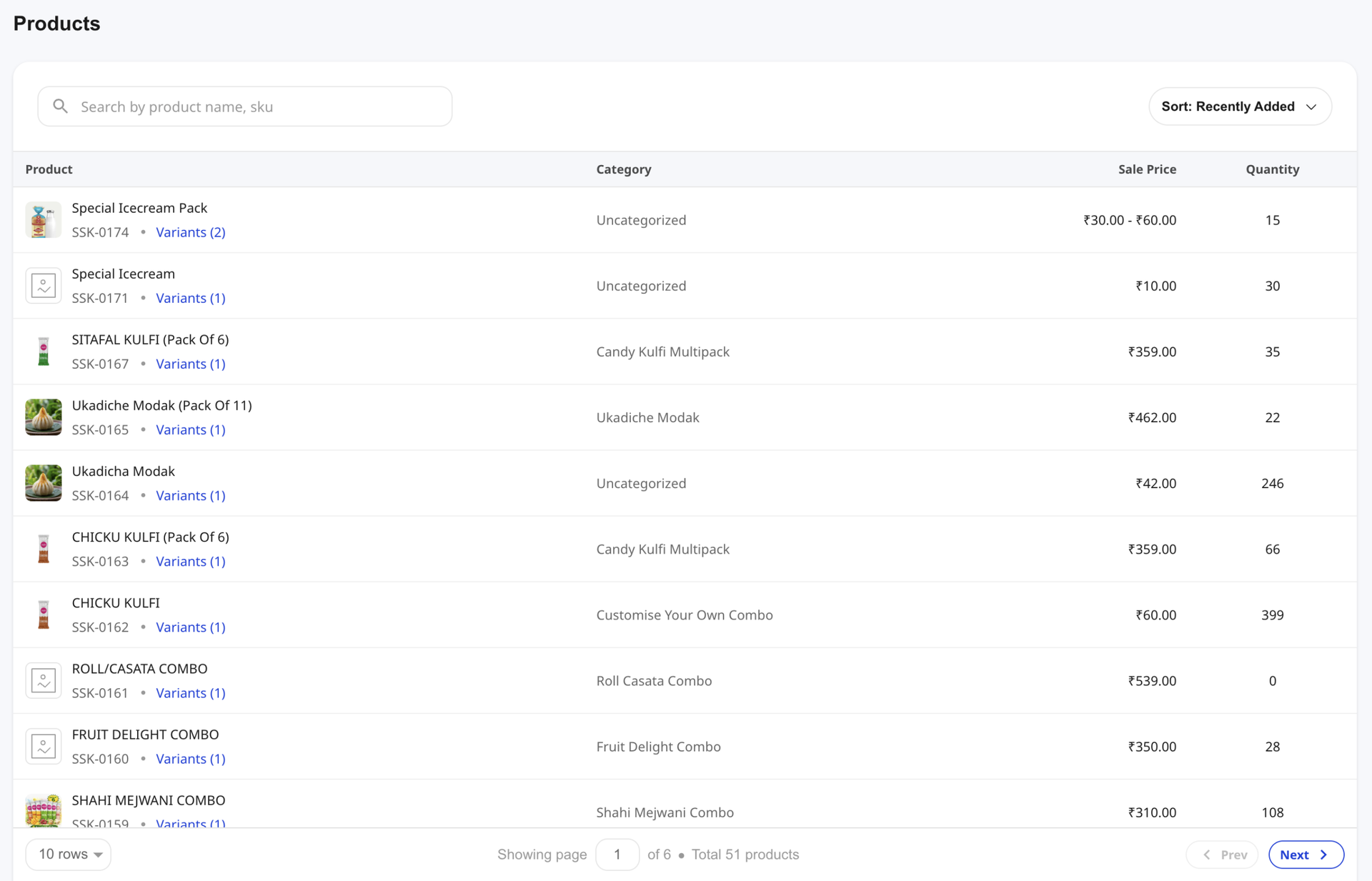 Shoopy Products list page — the entry point for the Product Fields panel