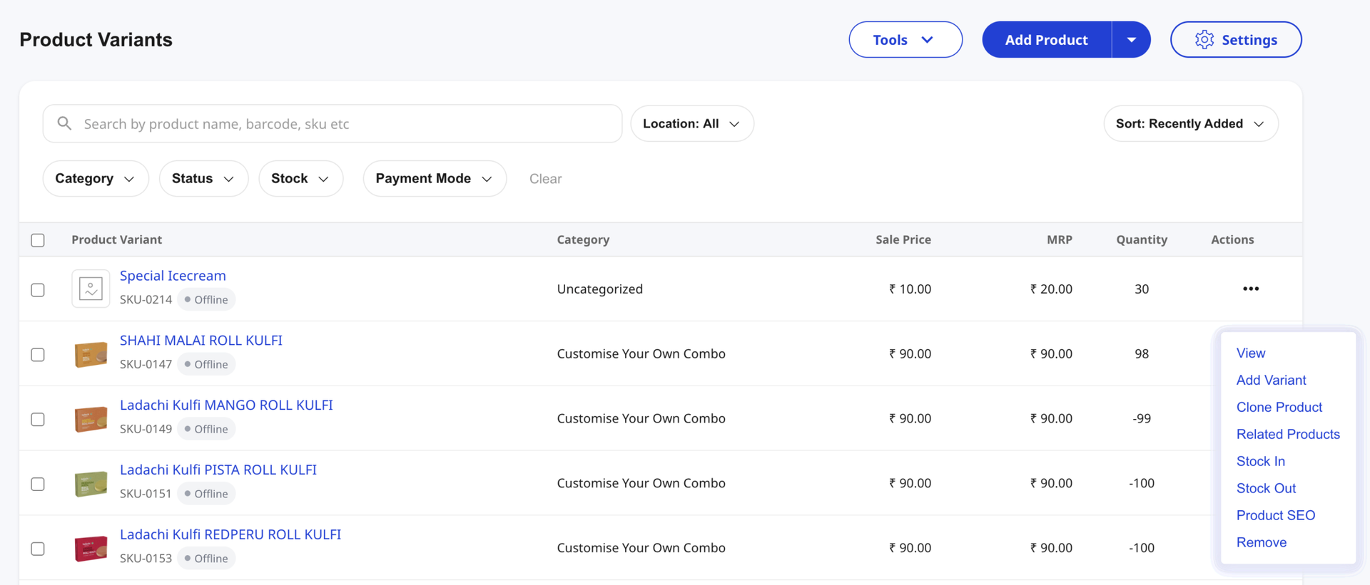 Shoopy catalog row with the Actions menu open showing View, Add Variant, Clone Product, Related Products, Stock In, Stock Out, Product SEO, and Remove