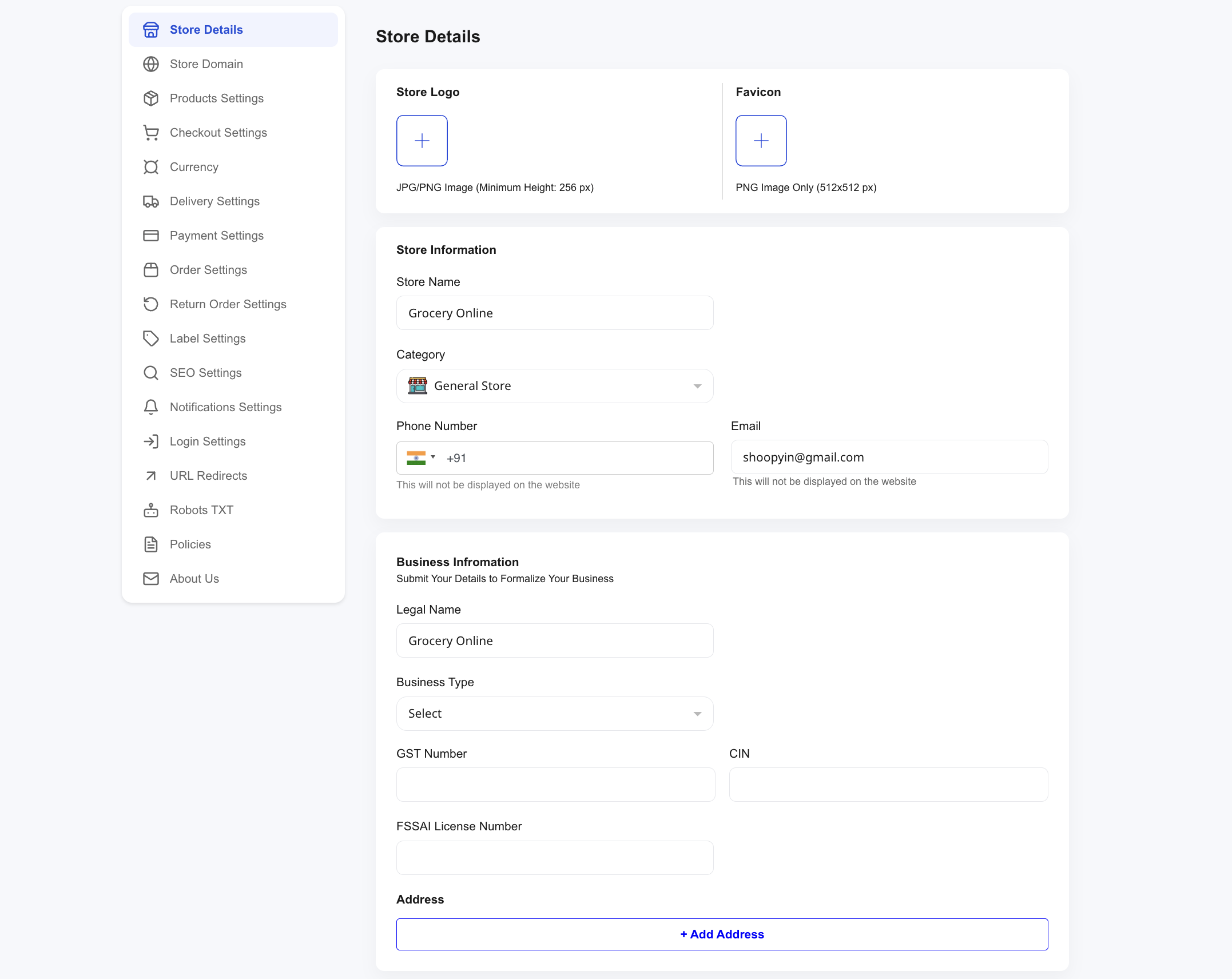 Shoopy Store Details page showing Store Logo and Favicon upload areas, Store Information fields, and Business Information section used to set up a Shoopy store
