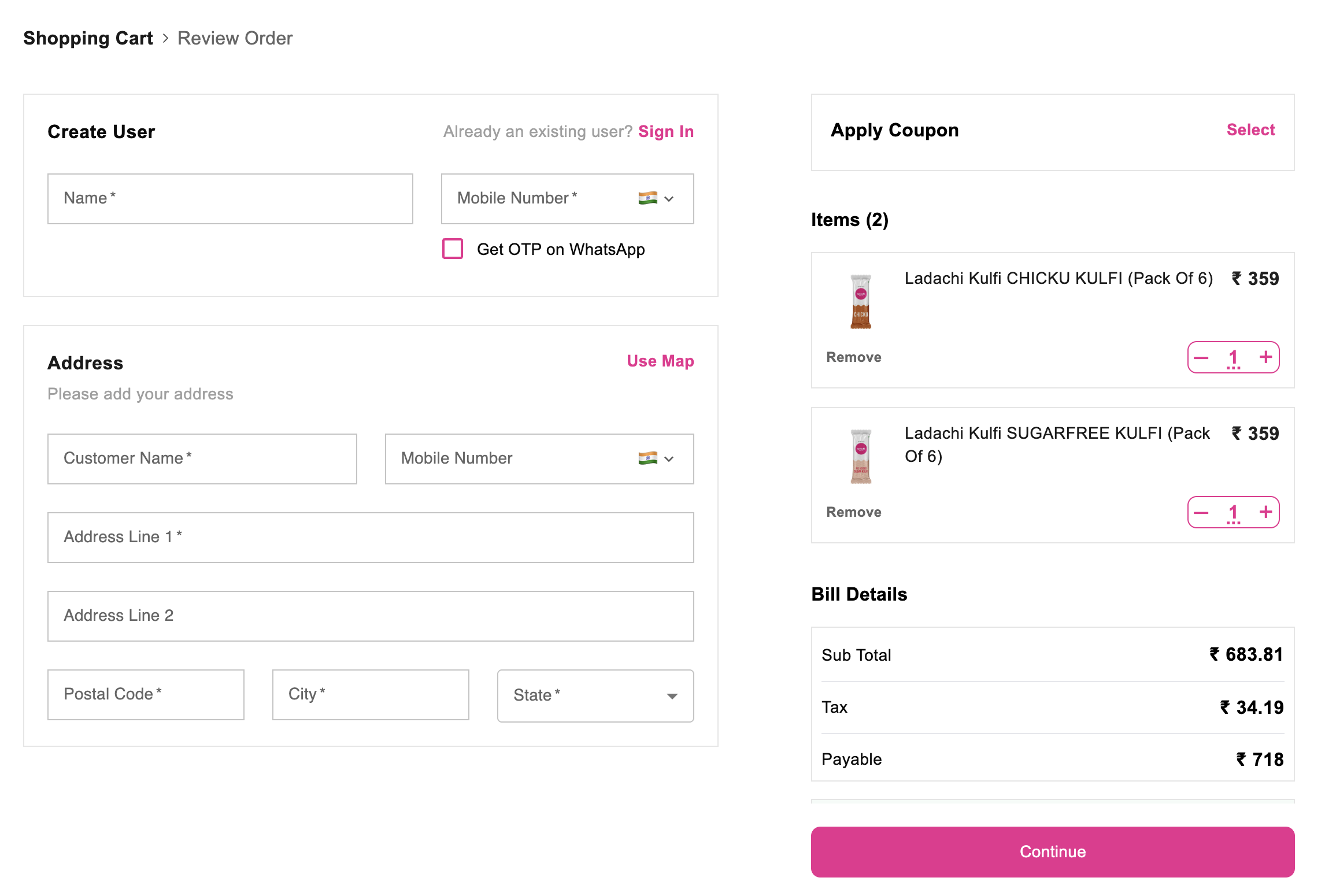 Shoopy storefront Review Order screen — cart with items, address form, bill details totalling ₹718 — placing a test order to verify a Shoopy store setup
