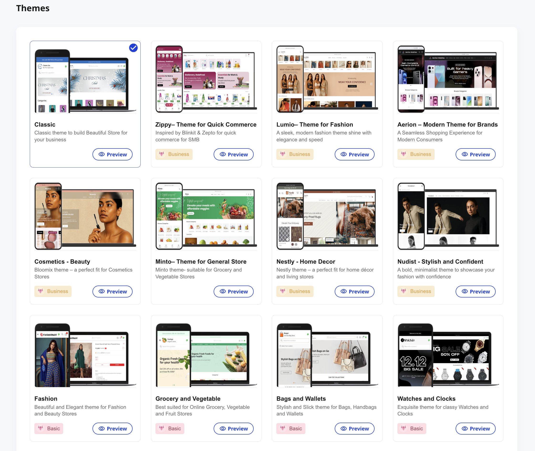 Shoopy Themes gallery showing 12 themes with preview buttons and plan badges to design your Shoopy store