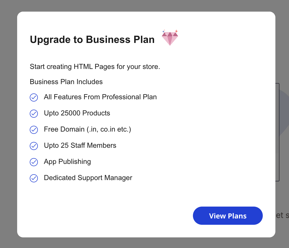 Shoopy upgrade prompt modal for the Business plan listing Business plan features and a View Plans button