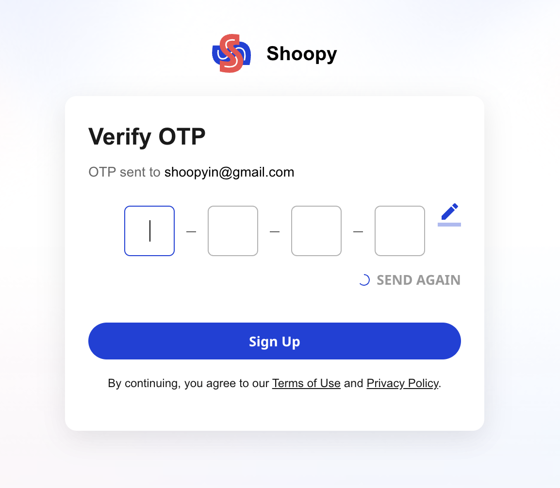 Verify OTP screen with 4-digit code entry for Shoopy account signup