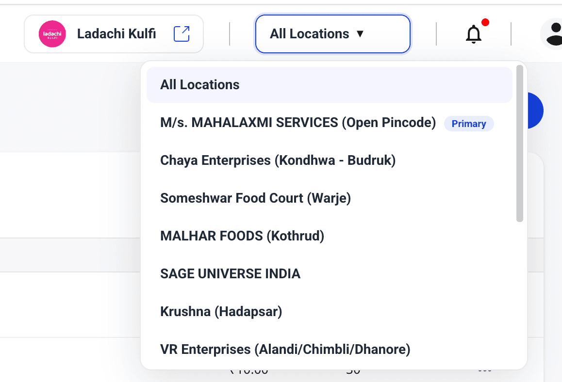 Shoopy top-bar header showing the All Locations switcher button with the dropdown open — All Locations at the top, then the Primary location with a Primary badge, followed by all other store locations