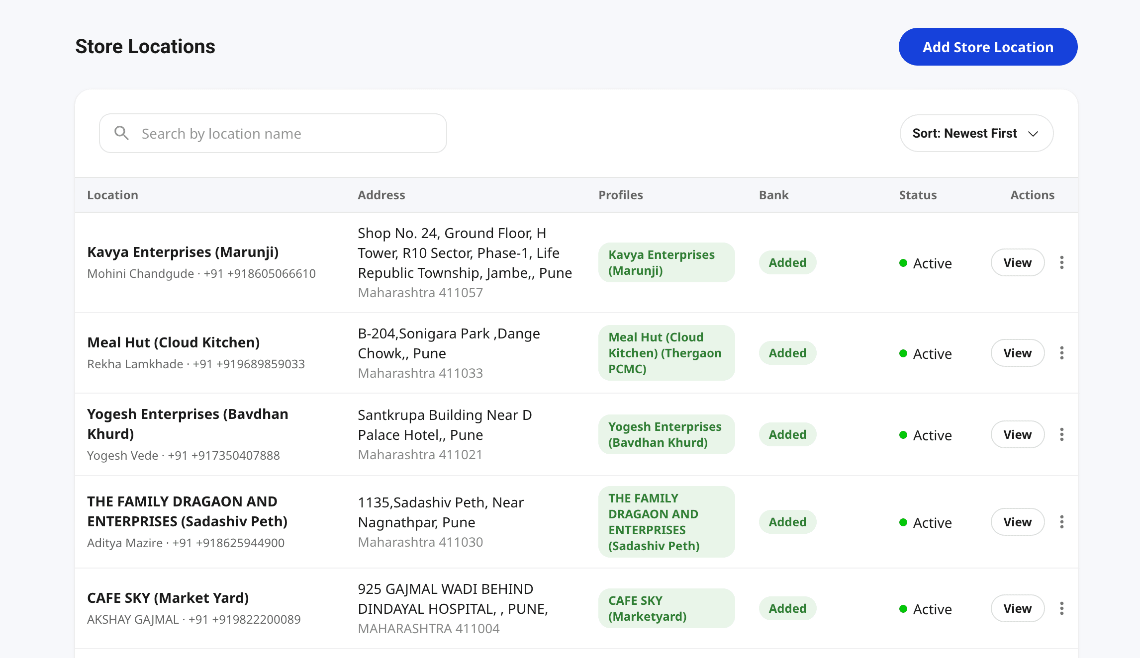 Shoopy Store Locations settings page listing active store locations with addresses, profiles, bank, and Active status badges, with the Add Store Location button in the top right